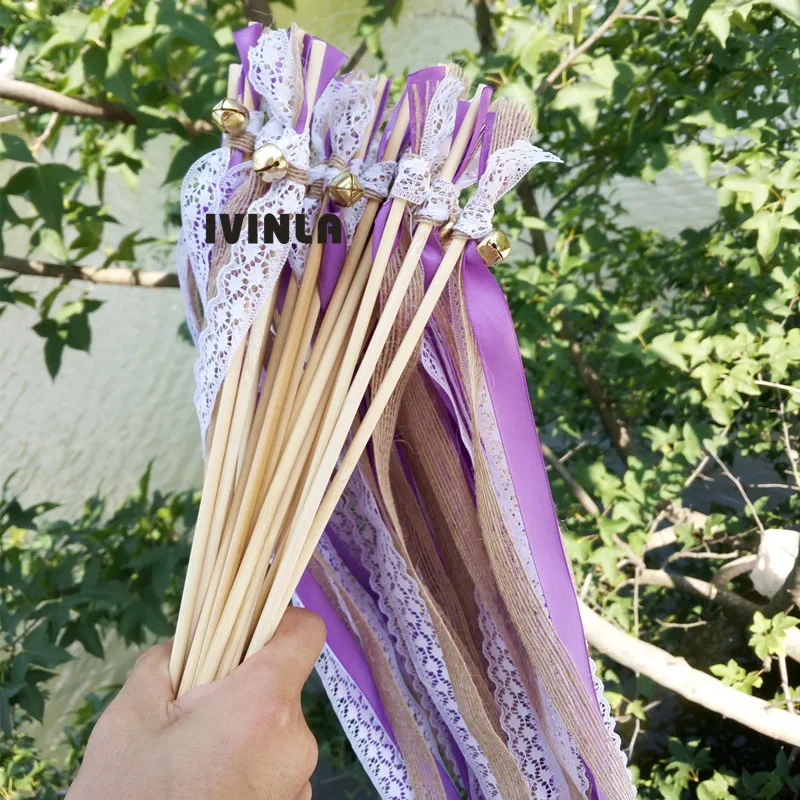 Newest Burlap jute purple wedding ribbon wands stick with Lace and Bells for wedding party