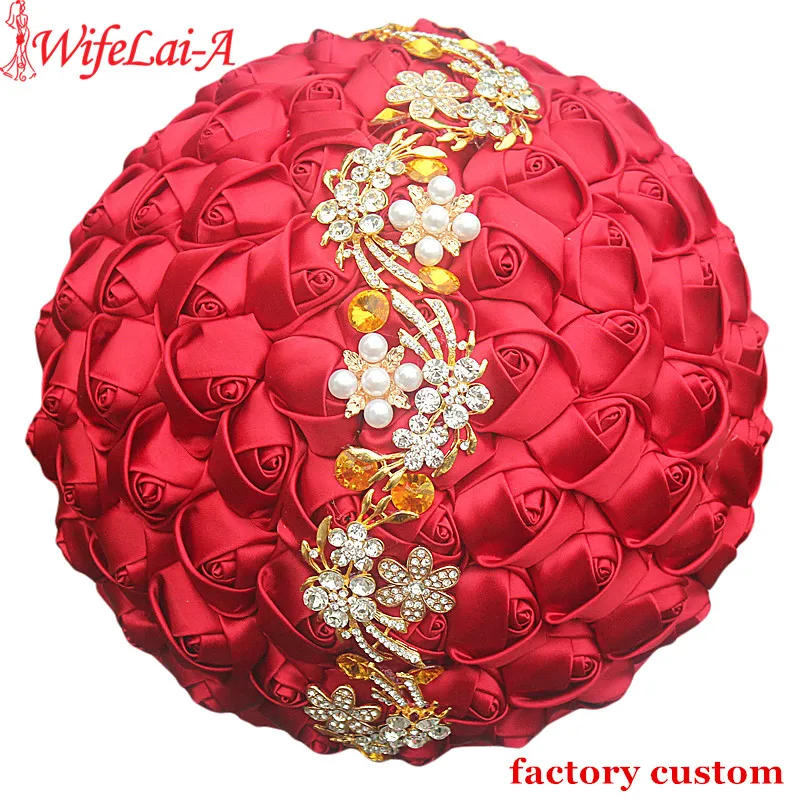 WifeLai-A Accept Custom Wine Red Rose Gold Brooch Bouquet Satin Silk Ribbon Gold Crystal Bride Wedding Bouquet de niova W2220