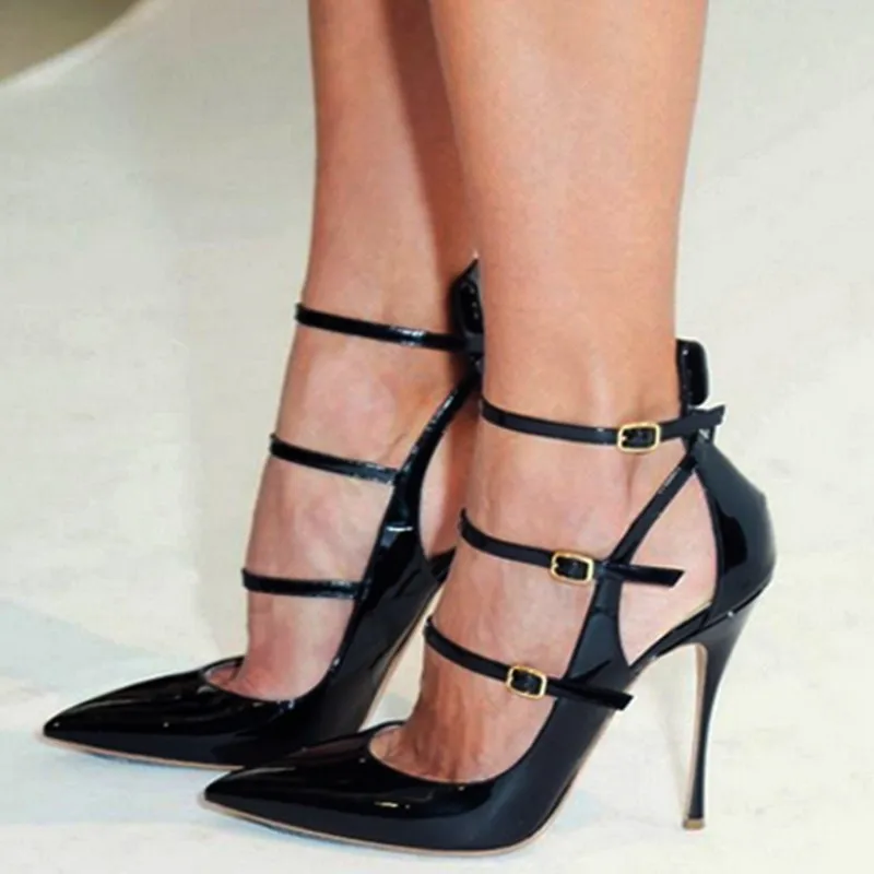 fashion woman black patent leather 11 cm high heel shoes woman black pointed toe high heel pumps buckle high heel shoes