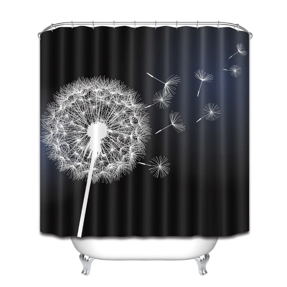 180*180 Flower Dandelion White on Black Shower Curtains Washable Bathroom Curtain Floral Fabric Polyester for Bathtub Decor