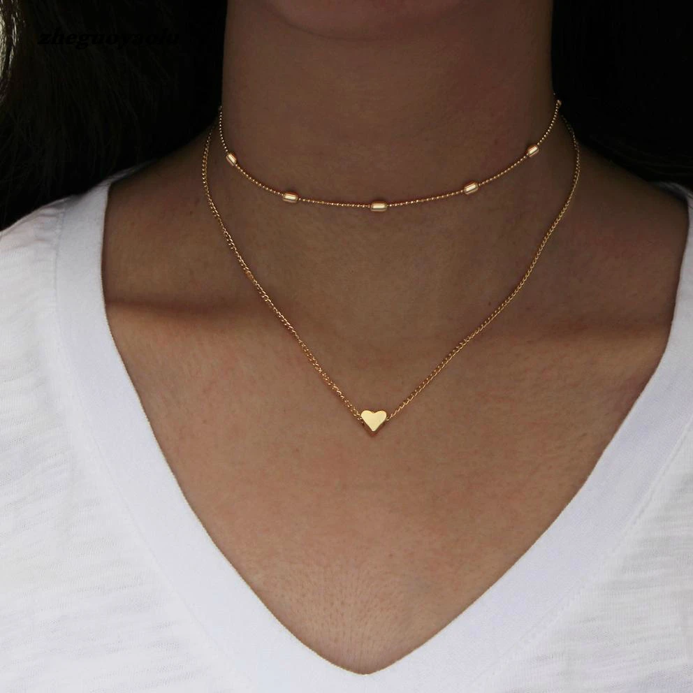 simple Golden Love Heart Necklace For Women Multi-layer Ball Neck Necklace Collier Necklace Ras Du Cou Femme Statement Necklace