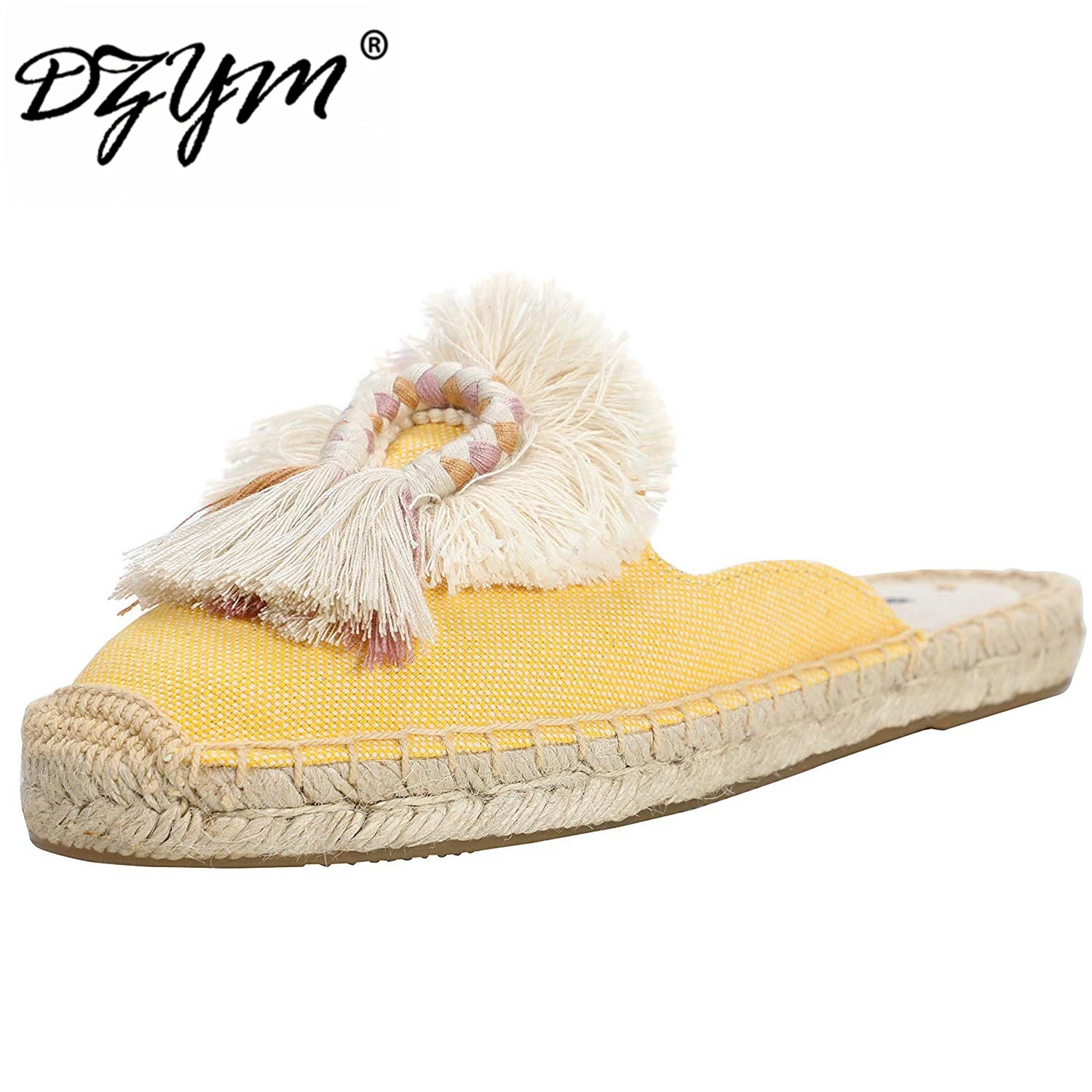 DZYM  Spring Summer New Hemp Flax Fisherman Shoes Women Slippers Tassel & Fluffy Ball Canvas Mule Shoes Espadrilles Slides