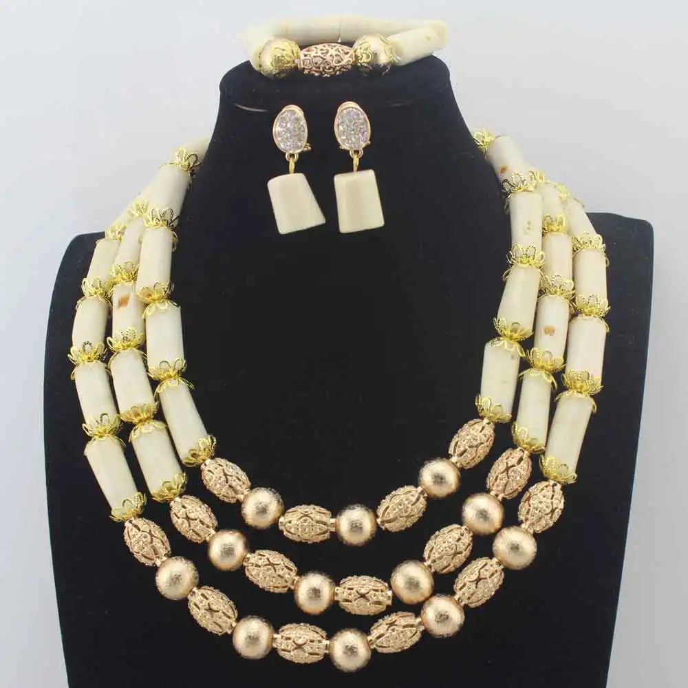 

Luxury 3Layer White Coral Beads Costume Necklace Traditional Nigerian Wedding African Coral Beads Jewelry Set Free Ship HD8581