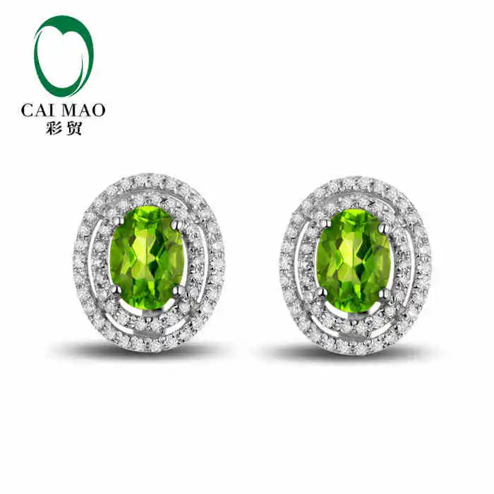 CaiMao 18KT/750 White Gold 1.78 ct Natural Green peridot & 0.42 ct Full Cut Diamond Engagement Gemstone Earrings Jewelry