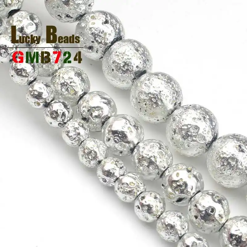 Natural Silver Plated Volcanic Lava Beads Round Stone Beads For Jewelry Making DIY Bracelet Accessories 15\'\' 4/6/8/10mm