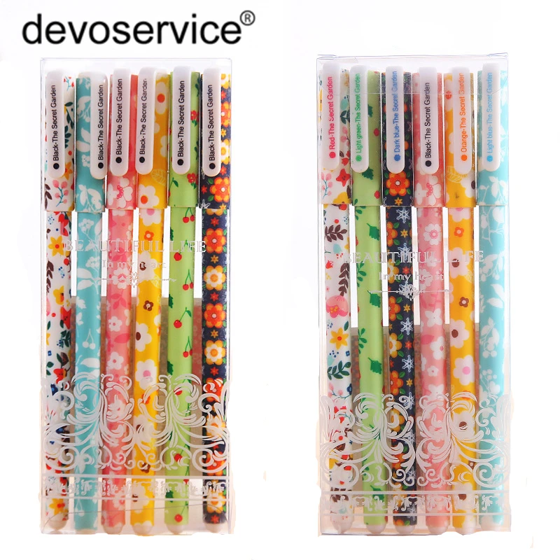 

6Pcs/Set Colour Gel Pen 0.38MM Kawaii Stationery Flower Canetas Black Watercolor Pen Gifts Office Material School Supplies