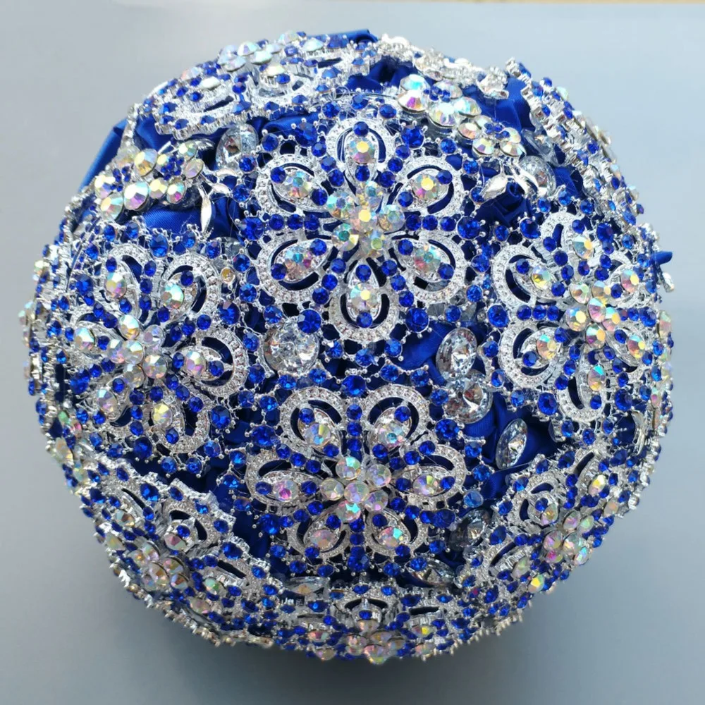 Luxury Blue Full Crystal Wedding Bouquet Brooch Bouquets Bridal Artificial Roses Flowers Custom Made Bridal Bouquet De Novia