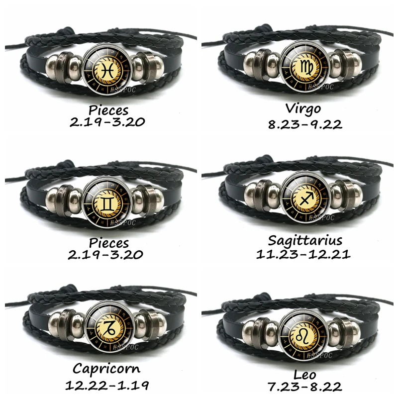 Birthday Gift 12 Zodiac Signs Bucket Leather Bracelet Men's Fashion Constellation Bracelet