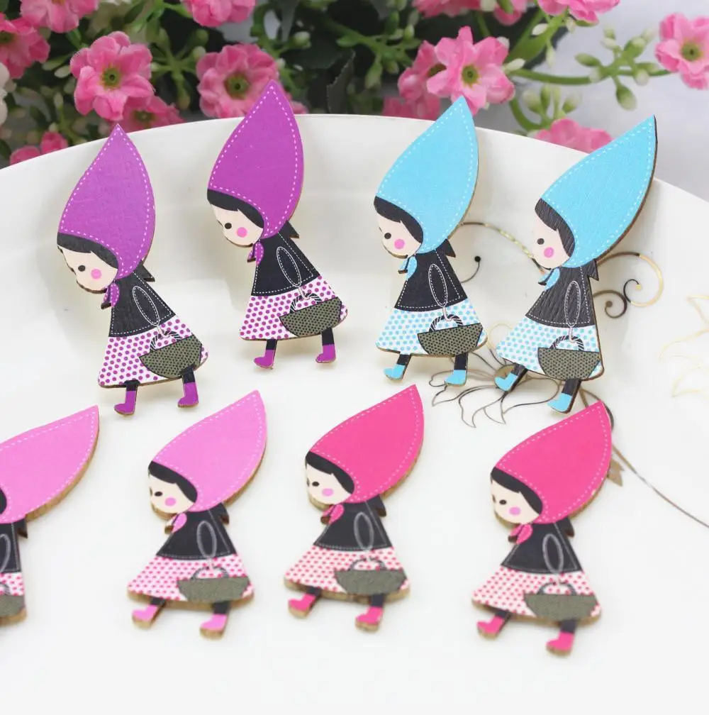 100pcs kawaii large sweet Riding hood Charm mixed colors wood flatback DIY supply for jewelry making 60*22mm