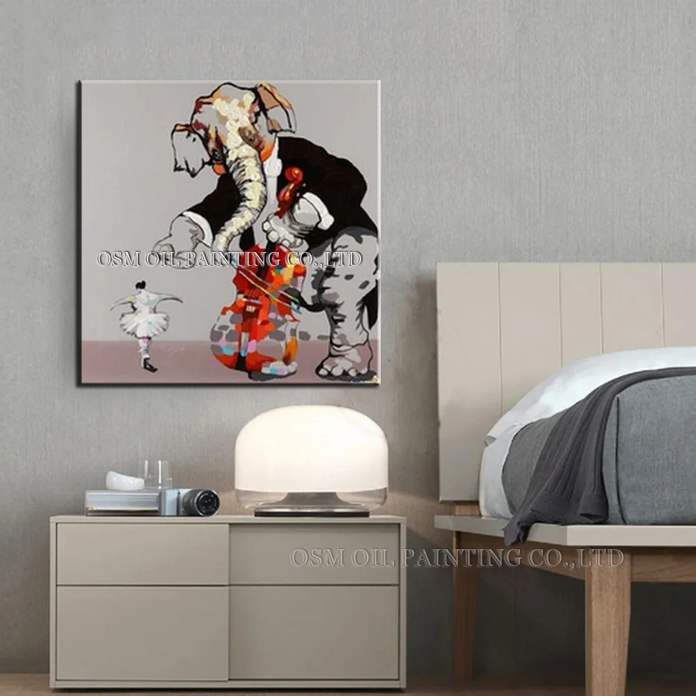 

Hand Painted Animals Oil Painting For Living Room Wall Pictures Decor Abstract Violin Elephant Accompanist Paintings on Canvas