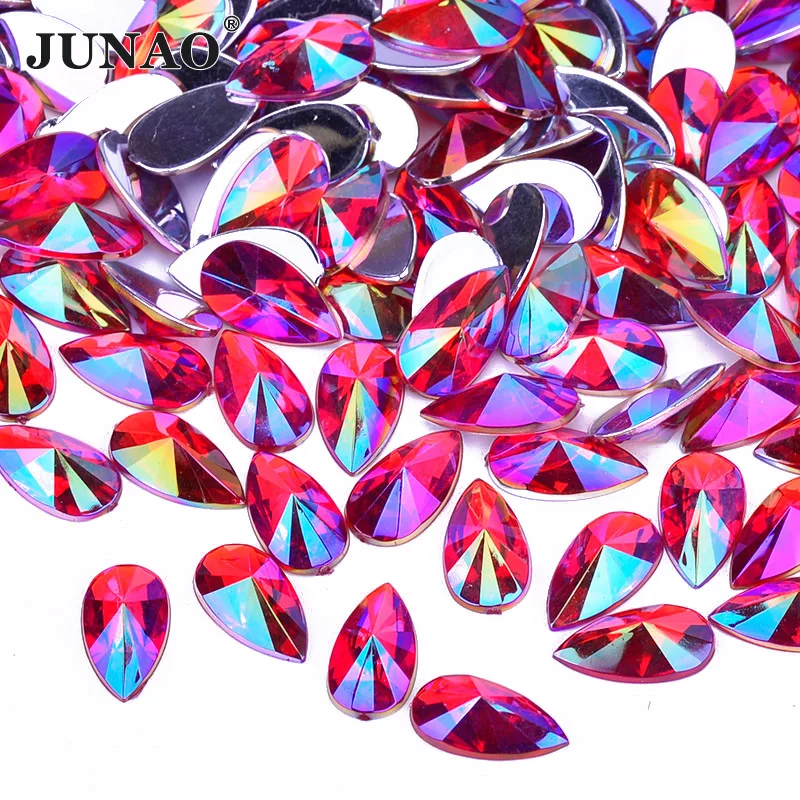 

JUNAO 9*18mm Red AB Crystals Drop Rhinestones Flatback Acrylic Crystals Stones Non Hotfix Strass Non Sewing Beads for Dress