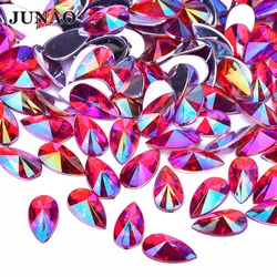 JUNAO 9*18mm Red AB Crystals Drop Rhinestones Flatback Acrylic Crystals Stones Non Hotfix Strass Non Sewing Beads for Dress