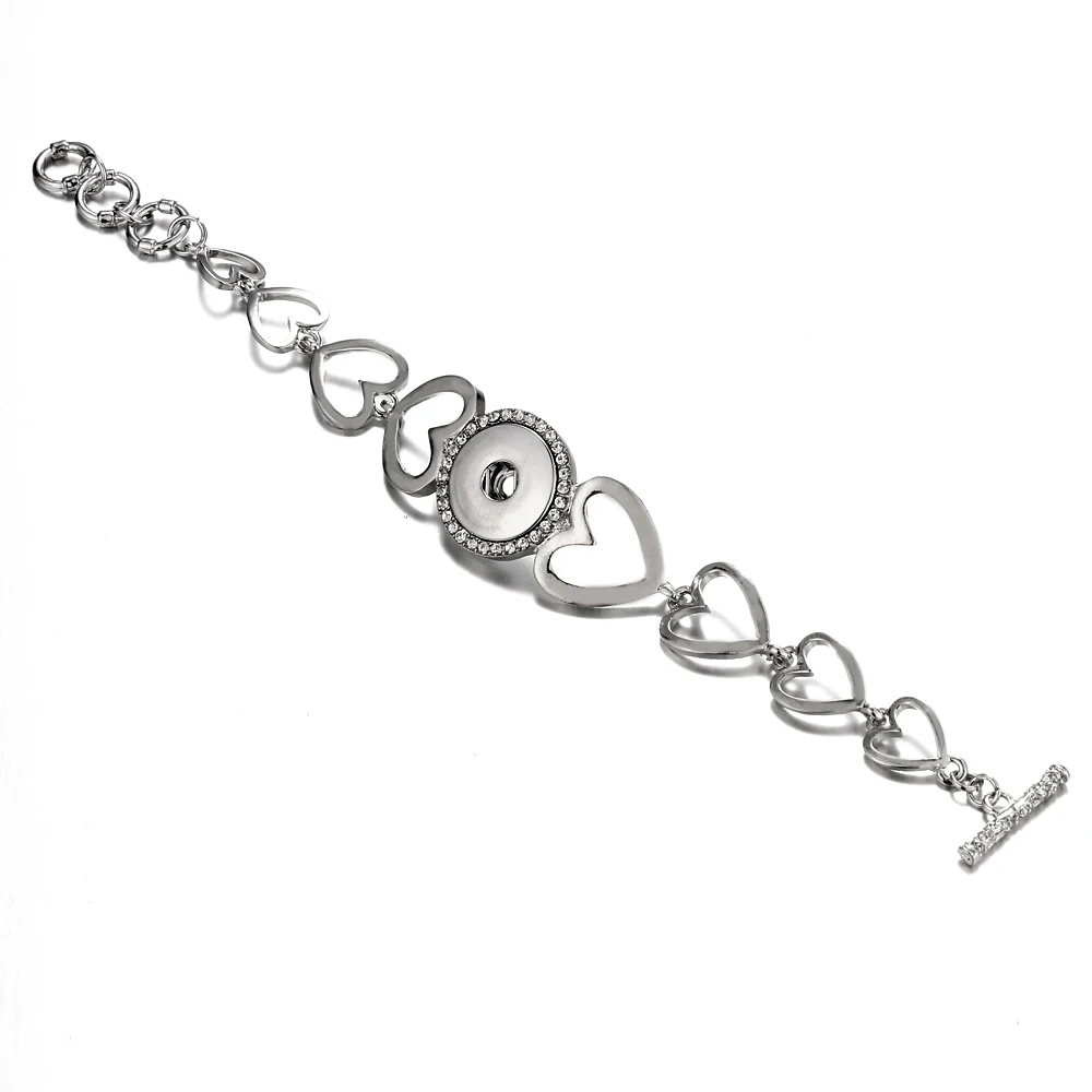 New Fashion silver plated hollow Rhinestone hearts snap Bracelet bangle 22CM fit 18MM snap button jewelry wholesale image 5