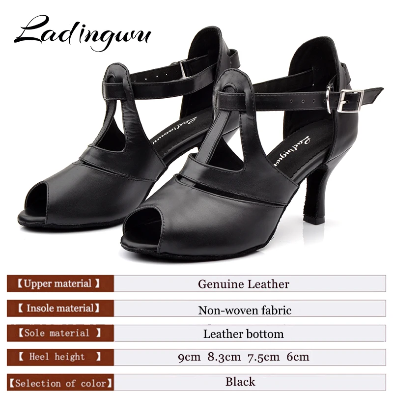 Ladingwu Black Genuine Leather Dance Shoes Woman Latin Comfortable Soft Bottom Salsa Dance Shoes Profession Ballroom Dance Shoes