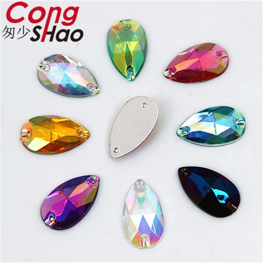 Cong Shao 100 Pz 11*18mm AB Colorato Goccia flatback pietre e cristalli Acrilico Strass da cucire 2 Fori DIY Pulsante costume CS640