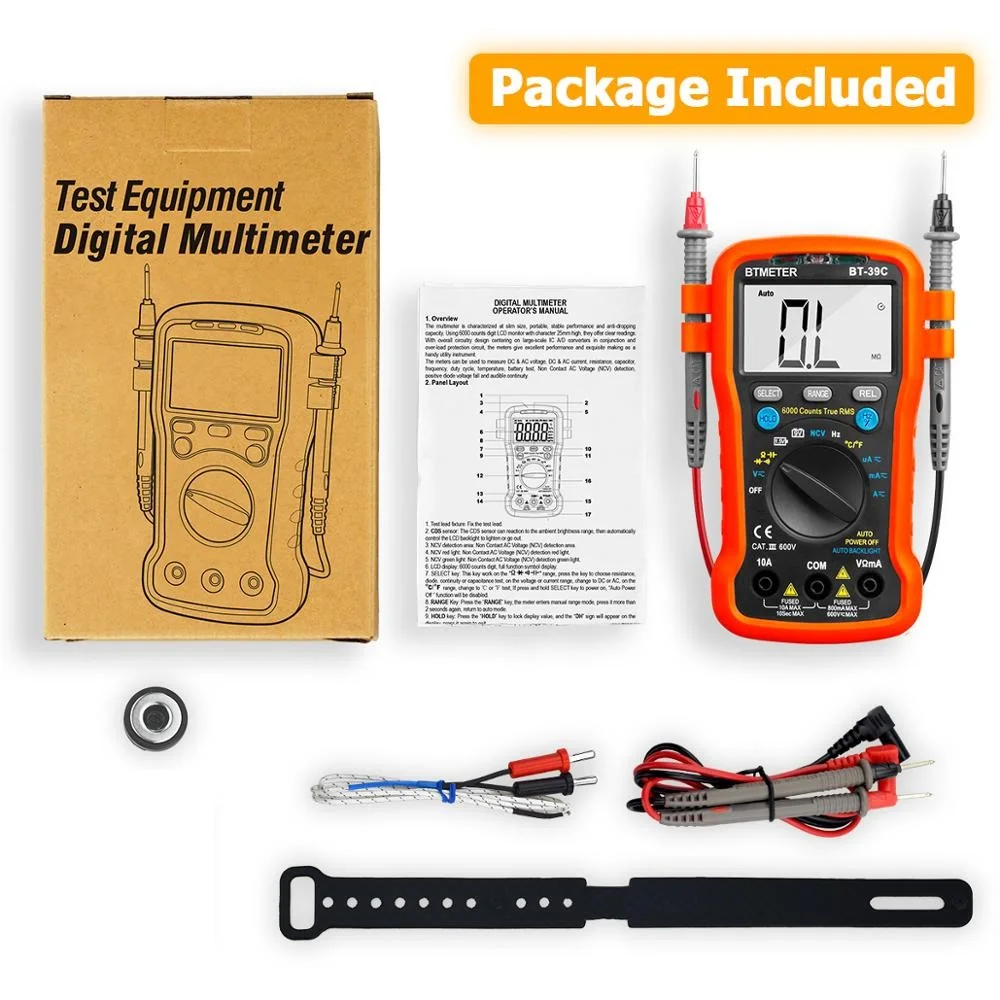 BTMETER True RMS multimetro digitale che varia automaticamente per tensione AC DC, corrente, resistenza, capacità con Test LED batteria Temp