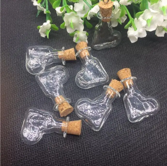 50sets/lot Mini transperant Cork Vial Glass hanging heart Wishing Wish Bottle sample Jars DIY Pendant Craft Jewelry findings