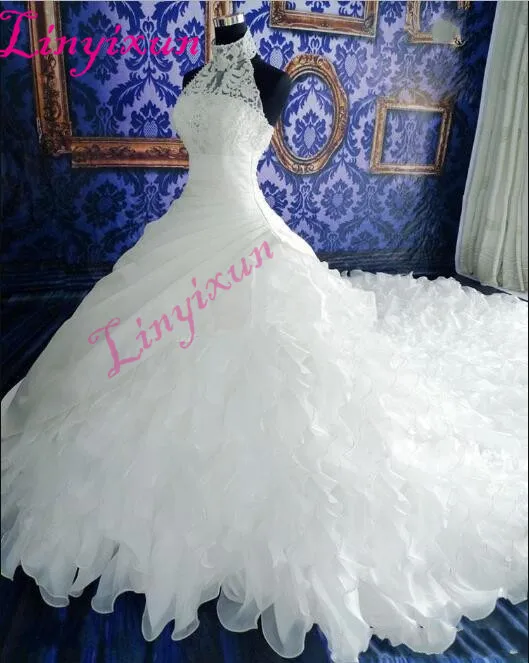 2021 Witte Trouwjurken Lace Baljurk Bruidsjurken Lace Applique Kralen Hoge Hals Mouwloos Zip Terug Organza Wedding Gown