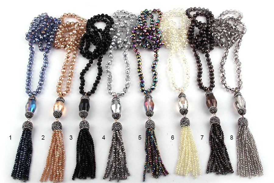 Fashion Bohemian Jewelry Crystal Glass Knotted Handmake Paved Crystal Tubes Tassel Long Necklace