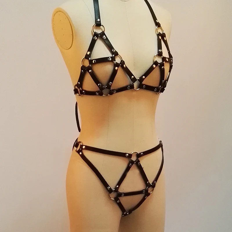 100% Handcrafted Women Sexy Leather Bra Bralet Sets Punk Gothic Bondage Leather Harness Frame Caged Belt Top Panty Thong