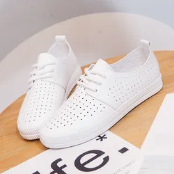 White Shoes Women Sneakers Summer 2022 Spring Breathable Holes Solid Color Female Black Shoes Leather Chaussure Femme Flat Heel