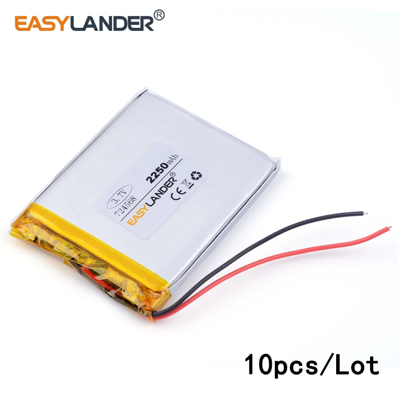 

10pcs /Lot 2250mAH 724568 3.7v lithium Li ion polymer rechargeable battery for tablet pc GPS mp3 mp4 cell phone speaker toys