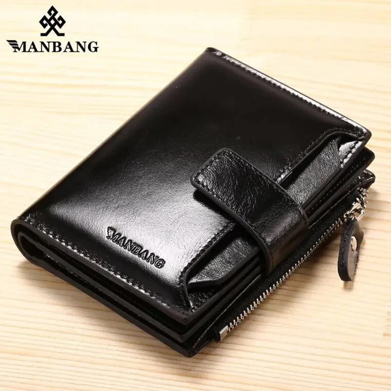 ManBang Genuine Leather Men Wallets Fashion Trifold Wallet Zip Coin Pocket Purse Cowhide Leather man wallet high quality