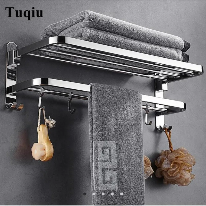 

Nail or nail free Towel Racks Bathroom chrome Finish foldable Bath Towel Shelves Towel Bar Bath Hardware double level with hooks