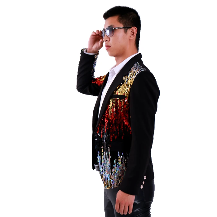 2021 Men's New Korean Male Singer Slim Multicolored Sequins Shiny Stitching Suit Dj Club Guests Costumes Men Formal Dress