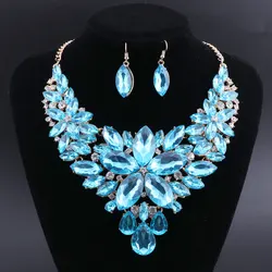 OEOEOS Elegant Floral Bridal Jewelry Sets for Women Blue Crystal Engagement Necklace Earrings Sets Wedding Jewelry