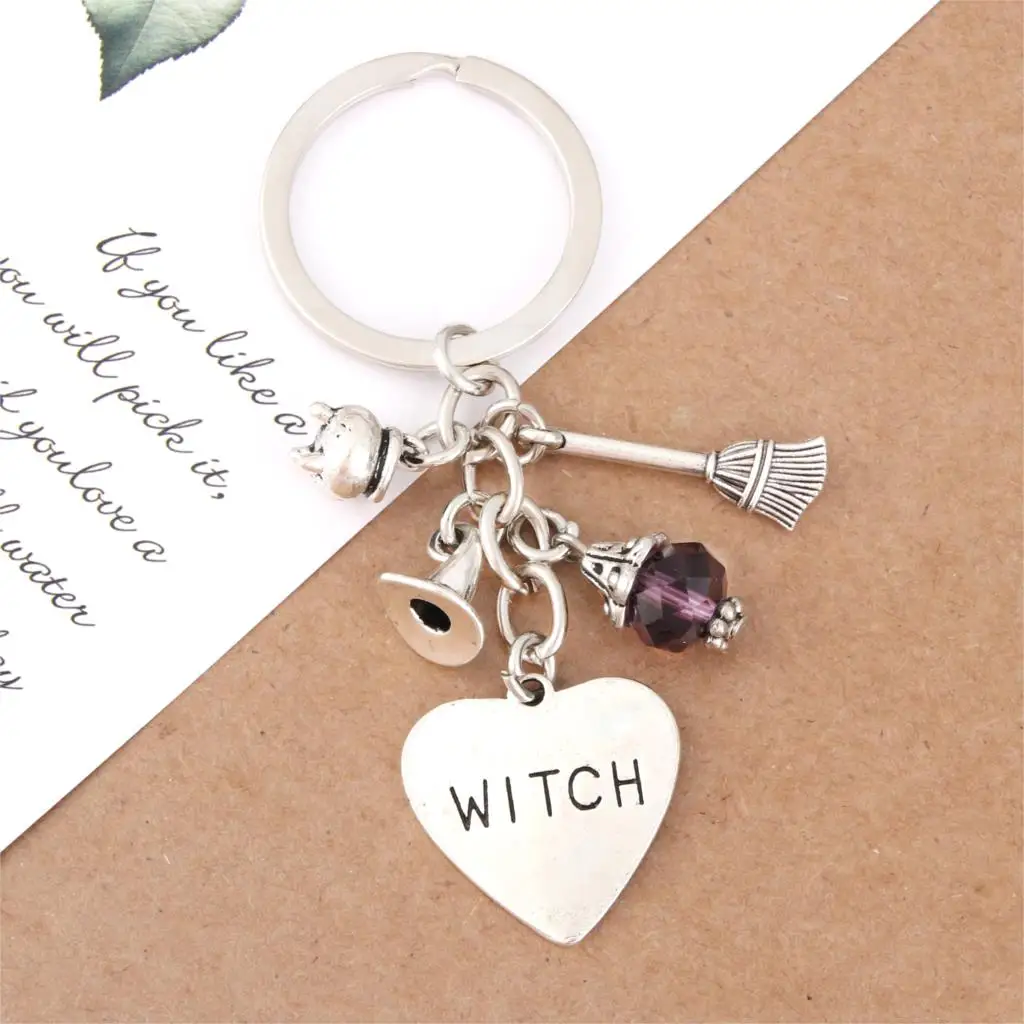 1Pc Halloween Sorcerer Witch Keychain Broom Purple Bead Pendant Keyholder Fit Car Handbag Jewelry Supplies E2700