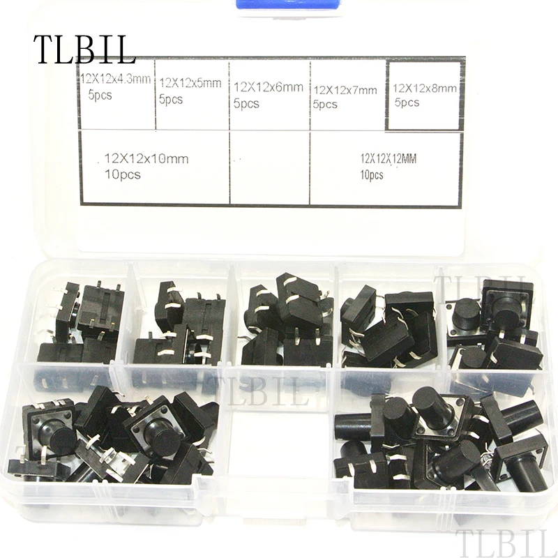 7Models 45Pcs 12*12 Tact Switch Tactile Push Button Switch Kit Height: 4.3MM~12MM DIP 4P micro switch 12x12 Key switch