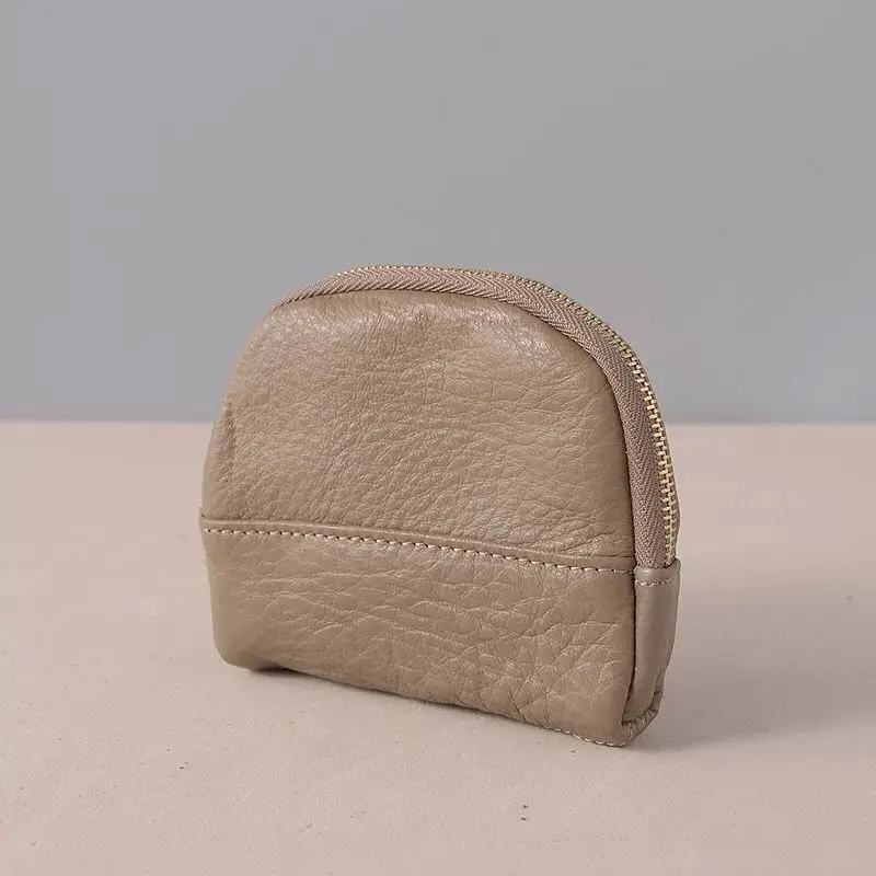 Bolsa de moedas de couro genuíno com zíper de couro genuíno bolsas de moedas cartões casuais bolsa de moedas para meninas pequena bolsa de couro de vaca macia marrom oval