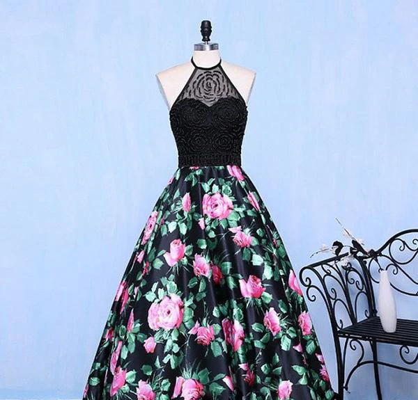 Nieuwe Collectie 2019 Sexy Halter Crystal Kralen Prom Gown Custom made EEN Line Bloemen Gedrukt Avond Prom Dresses Lange