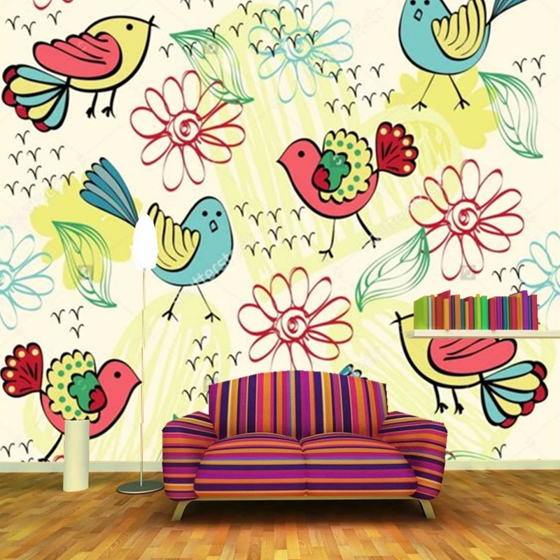 Lovely cartoon mural ,various colors flowers and birds wallpaper,living room sofa TV wall kids room 3d wallpaper papel de parede