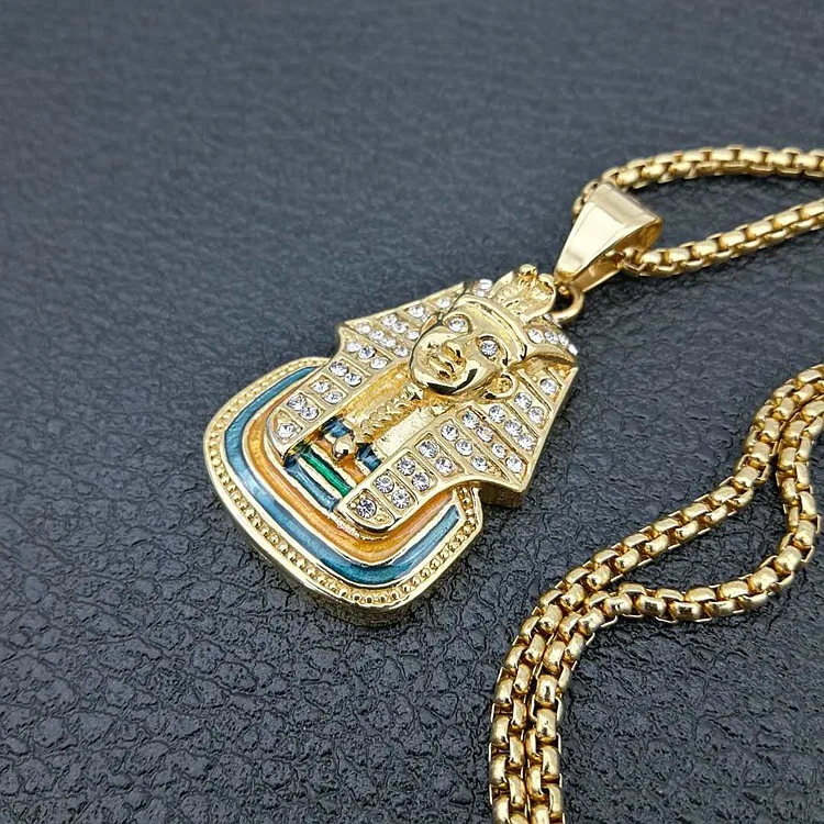 Punk Silver Gold Color Ancient Egypt King Tut Pharaoh Pendant Necklace zircon Cuban Chain Stainless Steel Men\'s Hip Hop Bling