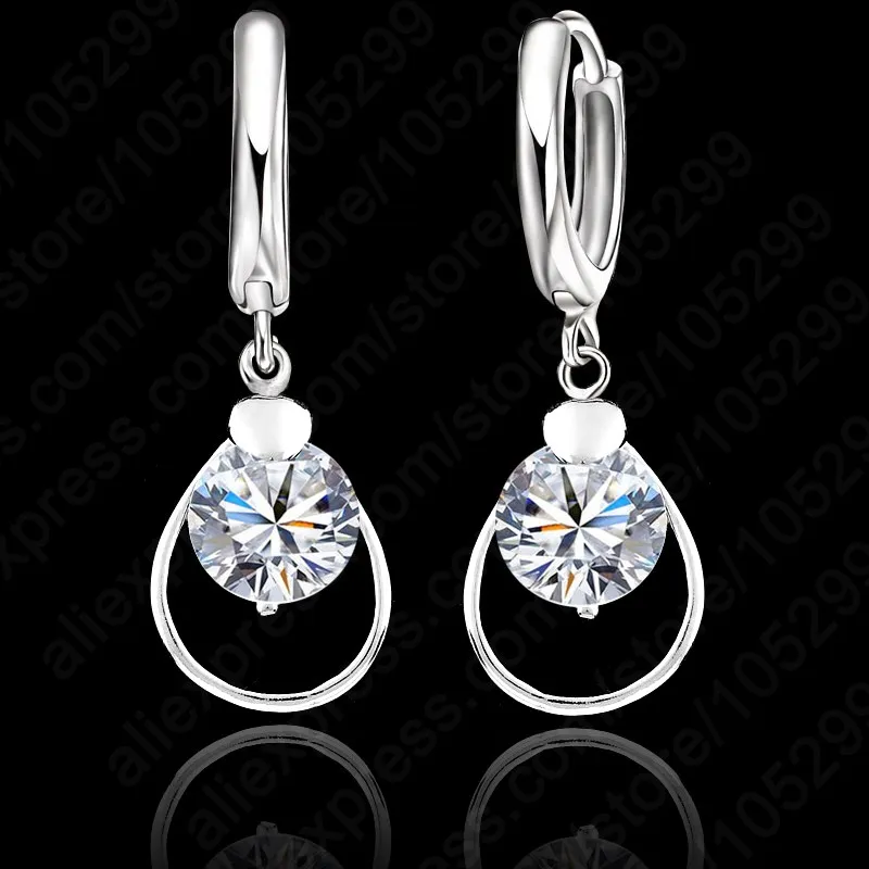 Real Pure 925 Sterling Silver Swiss CZ Crystal Lever Back Loop Earring Pendant Necklace Woman Wedding Bridal Party Jewelry Sets