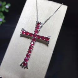 Cross style natural ruby necklace, multi color, 925 silver high-end color treasure.