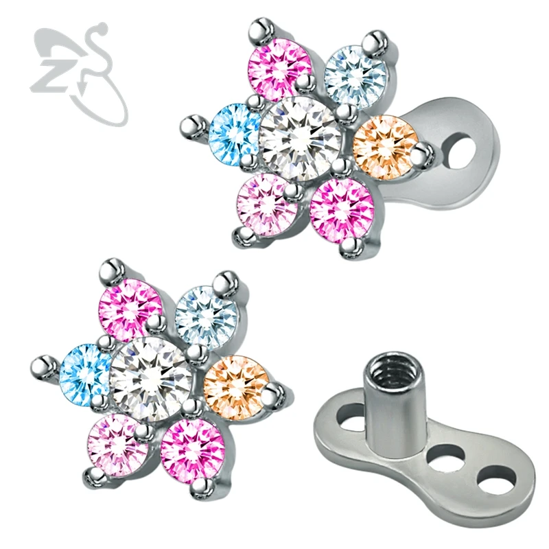 ZS Micro Dermal Piercing Stainless Steel Colorful Zirconia Dermal Anchor Piercings Top Dermal Anchor Skin Diver Surface Piercing