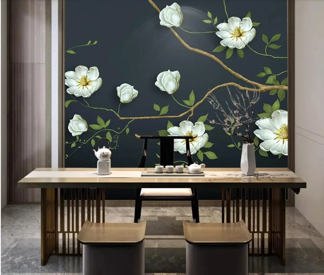 European Vintage Flower Wallpaper Mural with Dark Blue Background Contact Paper 3d Wall Papers Home Decor Makeup Backdrop