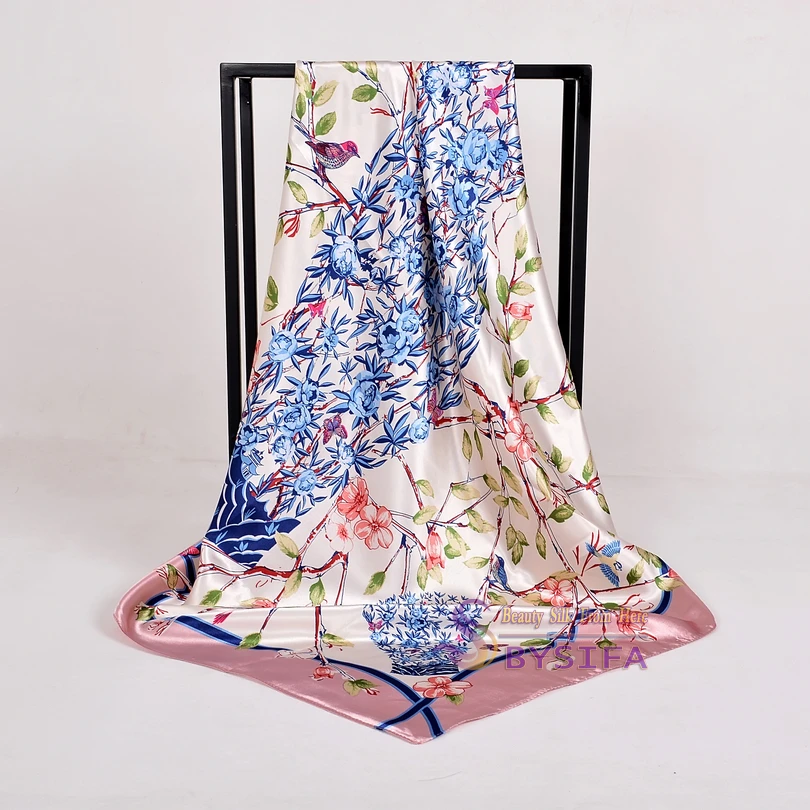 Fashion Female chain Pattern Satin Square Silk Scarf 90*90cm Brand Wine Red Polyester Neck Silk Scarf Printed For Autumn Winter