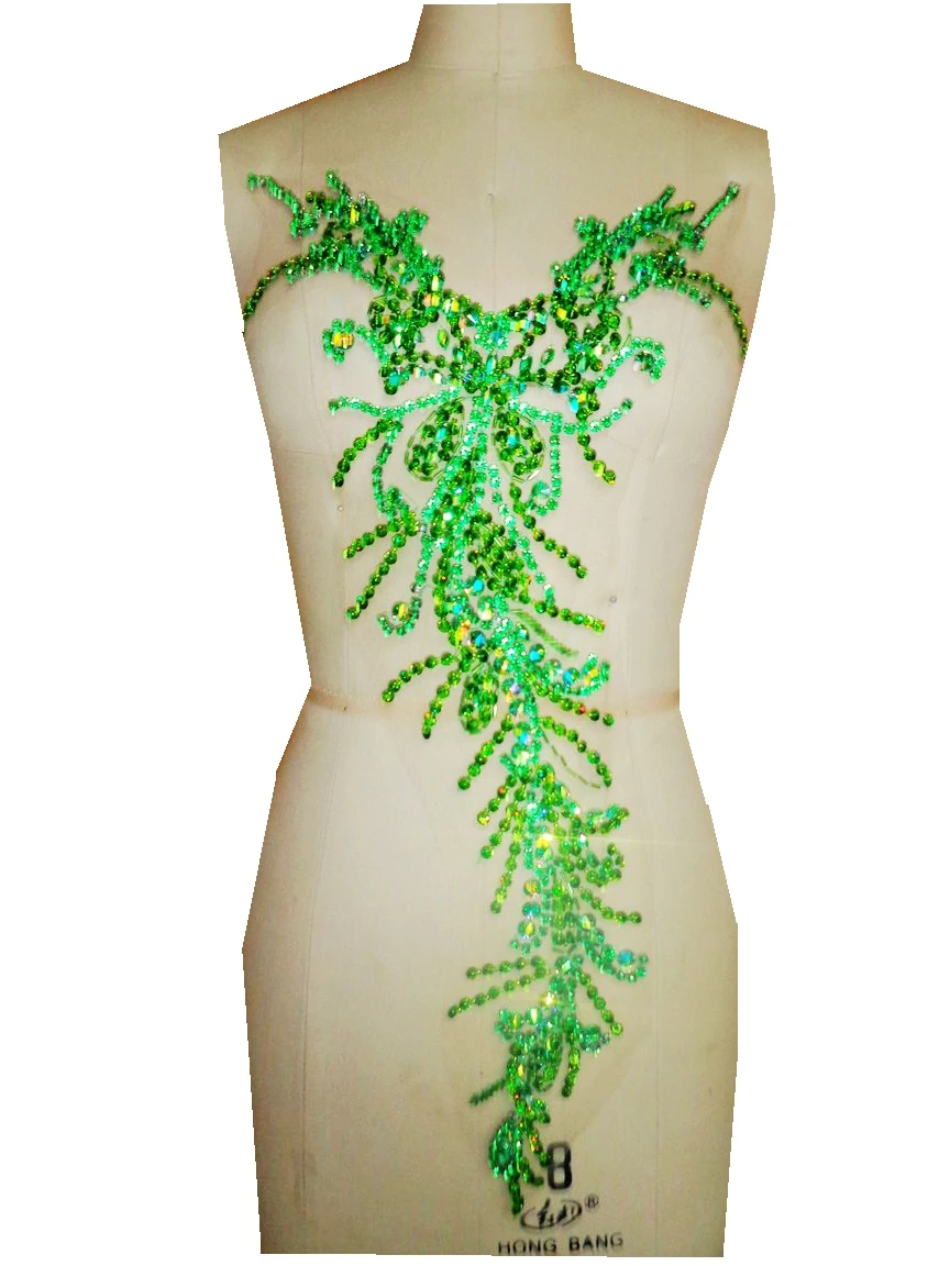 

A76 Pure hand made green sew on Rhinestones applique crystals patches 58*28cm dress accessory