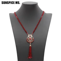 Sunspicems Turkish Women Vintage Bead Necklace Flower Pendant Long Tassels Sweater Chain Arabic Bridal Jewelry