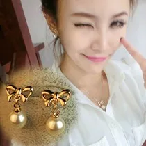 New Korean Version Of The Earrings Gold Bow Pendant Pearl Earrings Jewelry Brincos Boucle D\'oreille Pendante Femme Pendientes