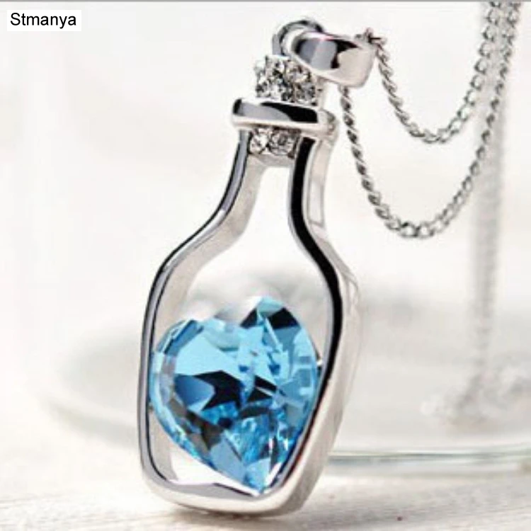 New  chain girl Crystal Silver Color pendant Women's Crystal Love Heart Drift Wishing bottle Necklace Gift Valentine's Day 19087