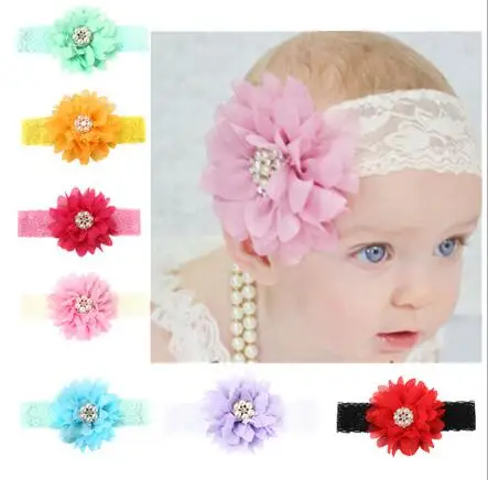 

2016 New 10pcs Rhinestone Ribbon Pearl diamond Headwear Girls Lace Hairbands Chiffon Flowers Headband Kids Hair Accessories