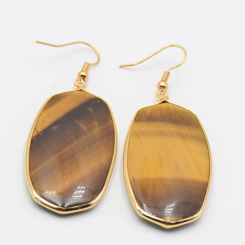 Oval Natural Stone Dangle Earrings Yellow Gold Color Hook Crystal Tiger Eye Black Onyx Lapis Women Female Eardrop Luxury Jewelry