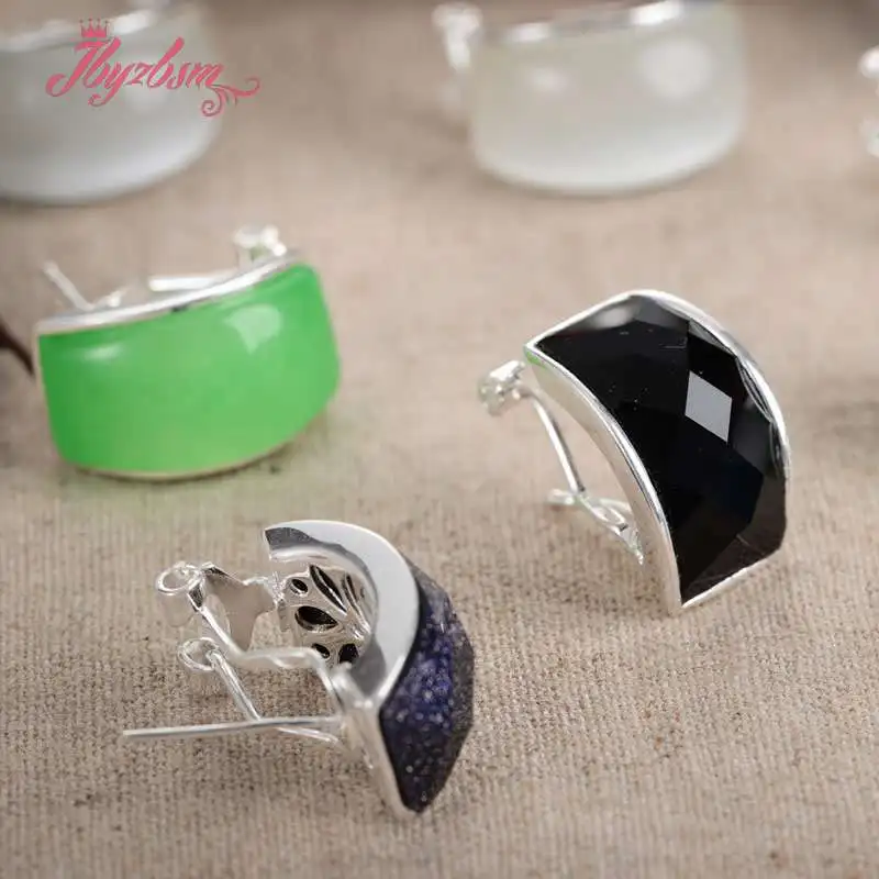 10x20mm Curved Stone Beads Cat eye,Agates,Coral,Jades Tibetan Silver Fashion Clamp Earring For Woman Christmas Gift 1 Pair