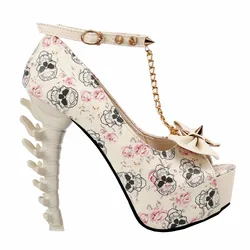 LF80631 Beige Skull Rose Print Studs Chain Peeptoe Bone Heel Pumps Size  4/5/6/7/8/9/10