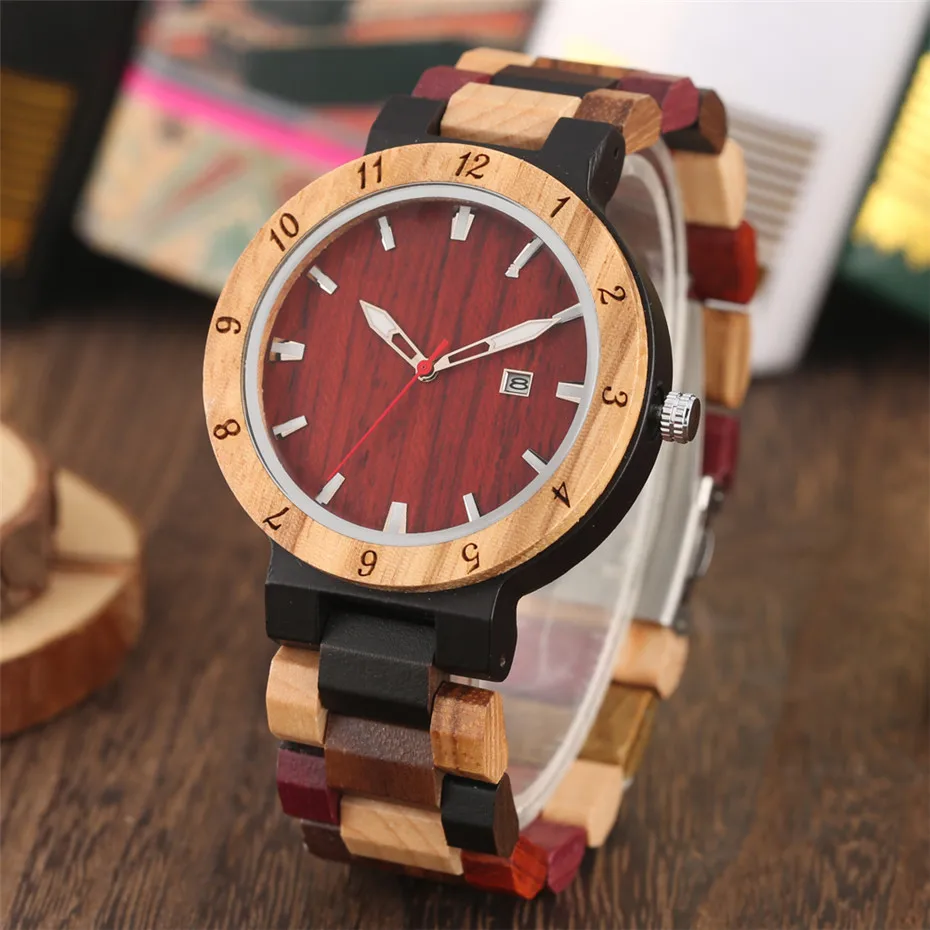 Complete Calendar Display Wood Men Watch Quartz Movement Full Wooden Bangle Men\'s Watches reloj masculino New Arrival 2019